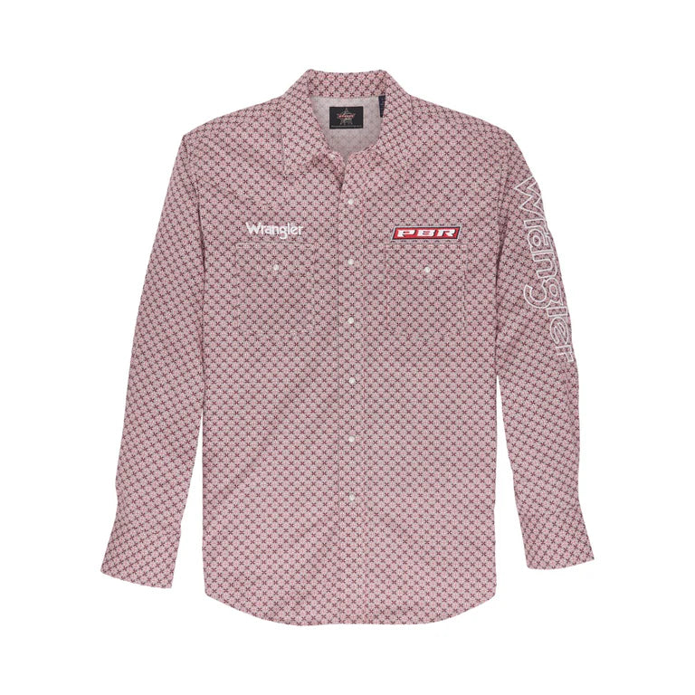 Wrangler Red Rodeo with Print Wrangler PBR Logo Men's Long Sleeve Collared Western Snap Shirt 112352655