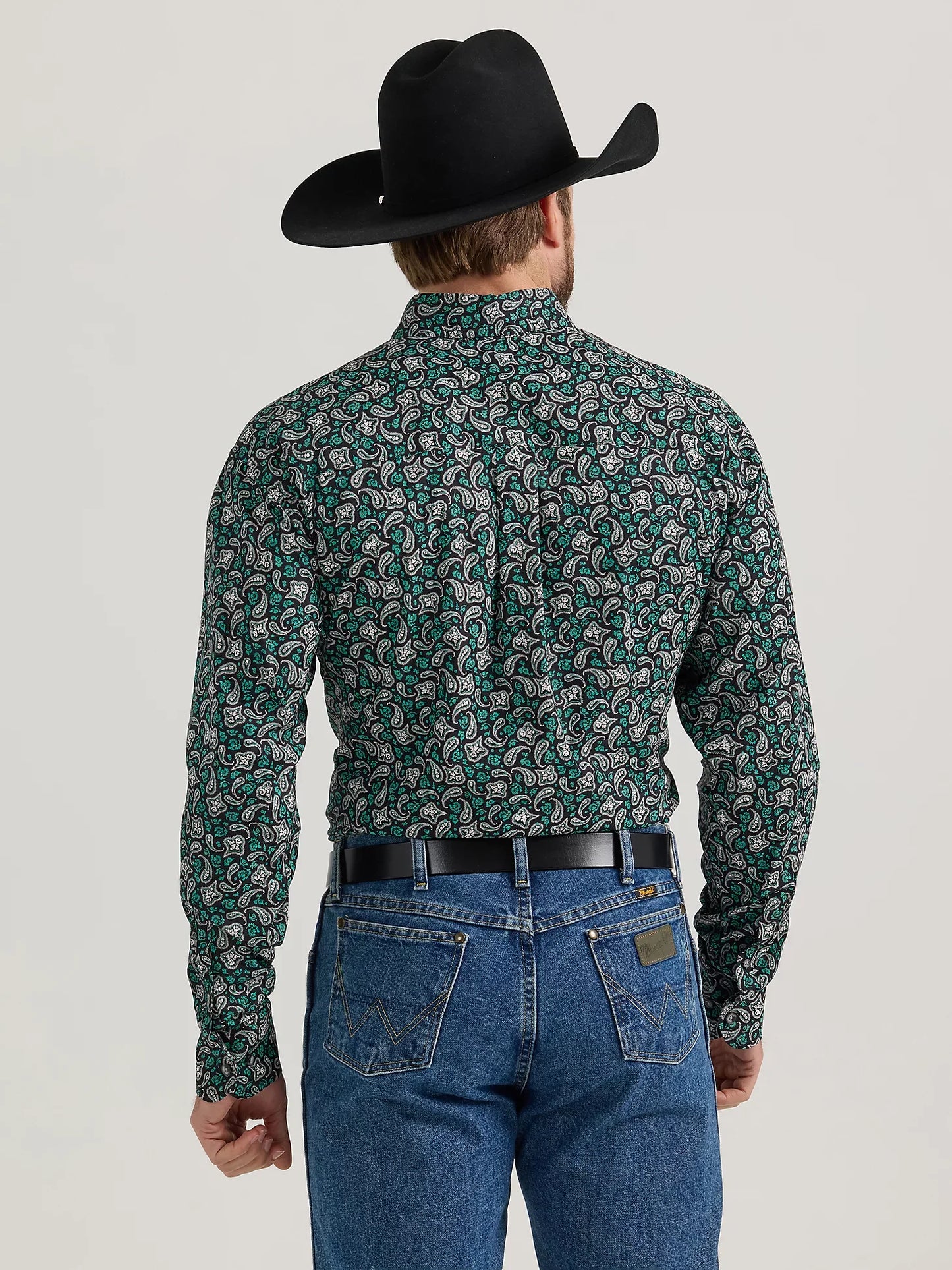 Men's Wrangler Goerge Strait Black/Green Paisley Print Long Sleeve Button Down Shirt 112352745