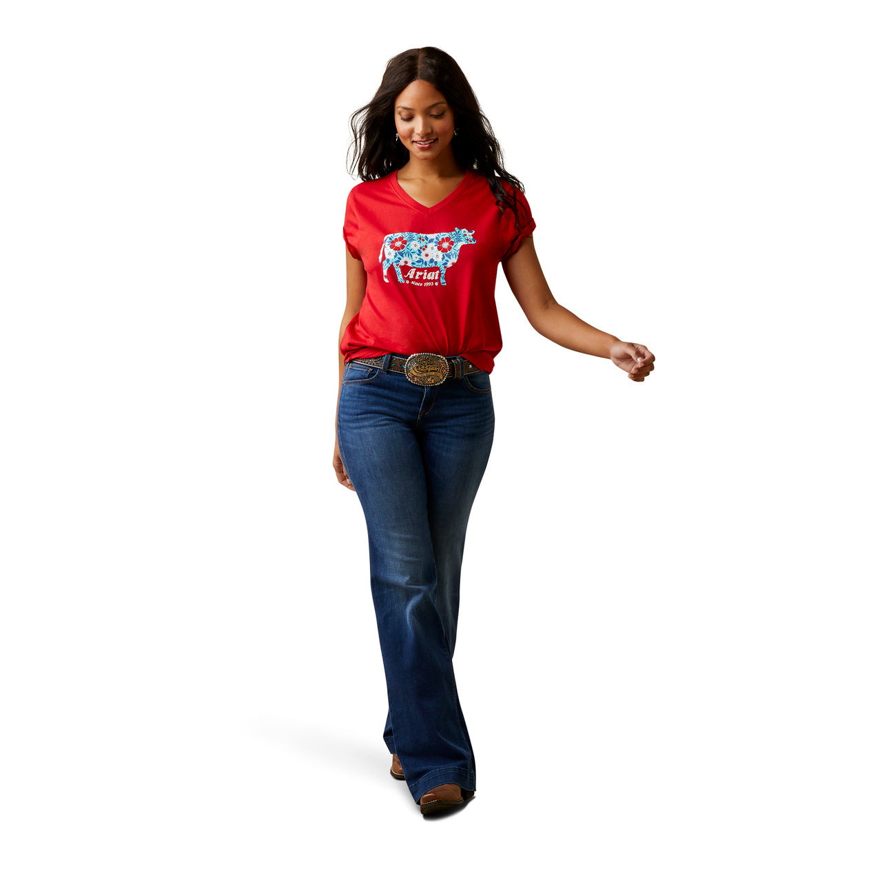 Ariat Ladies Flower Cow Tee – Equestrian Red 10045086