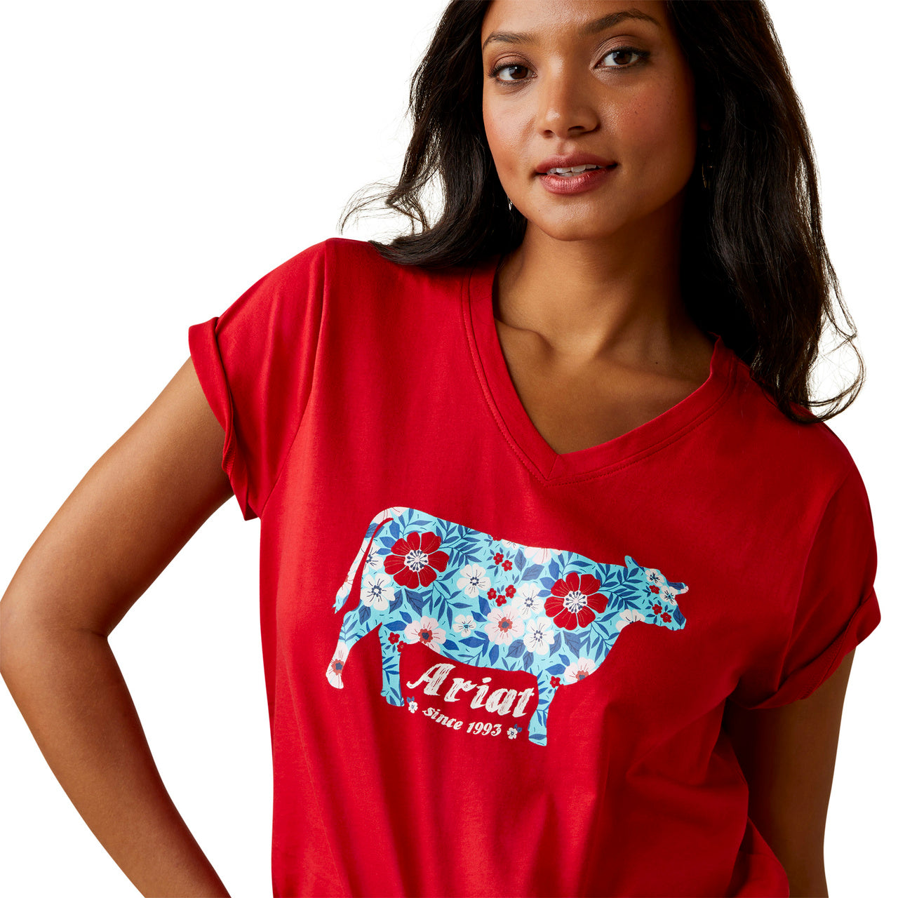 Ariat Ladies Flower Cow Tee – Equestrian Red 10045086