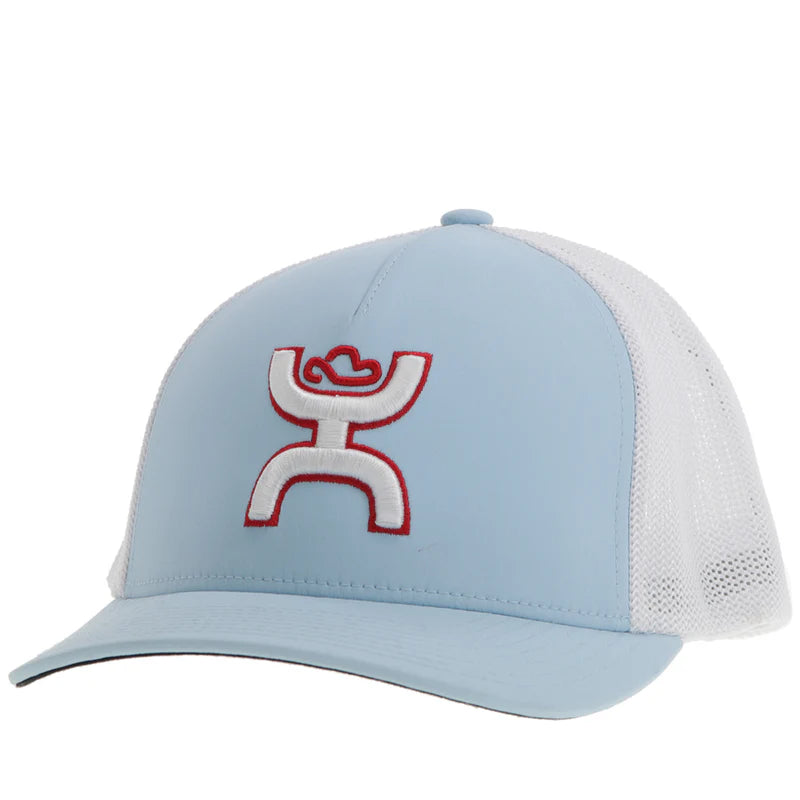 2412BLWH-02 "Coach" FlexFit Hat Light Blue/White w/Red & White Logo L/XL