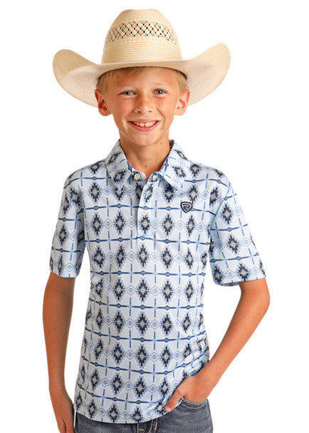 Rock & Roll Denim Boy's Aztec Printed Polo Baby Blue Short Sleeve Shirt BB51T05992