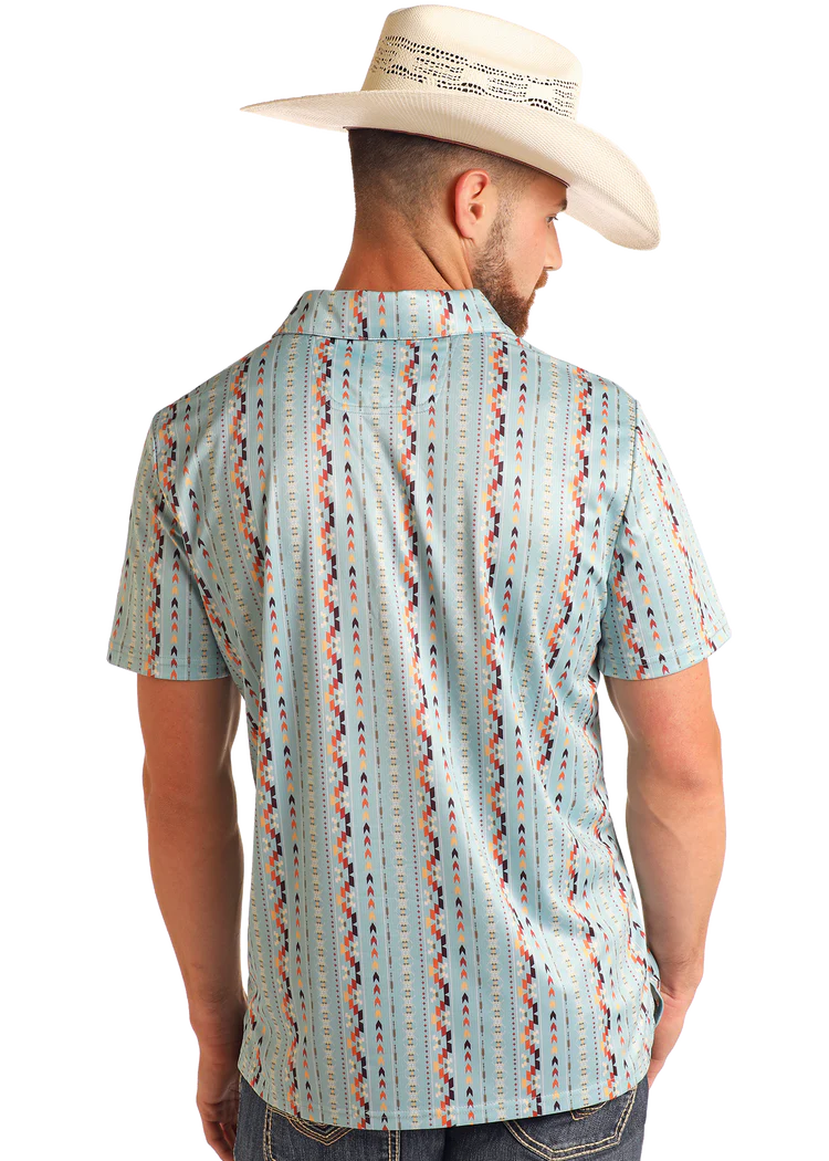 Rock & Roll Men's Aztec Sky Blue Striped Aztec Print Polo BM51T06005