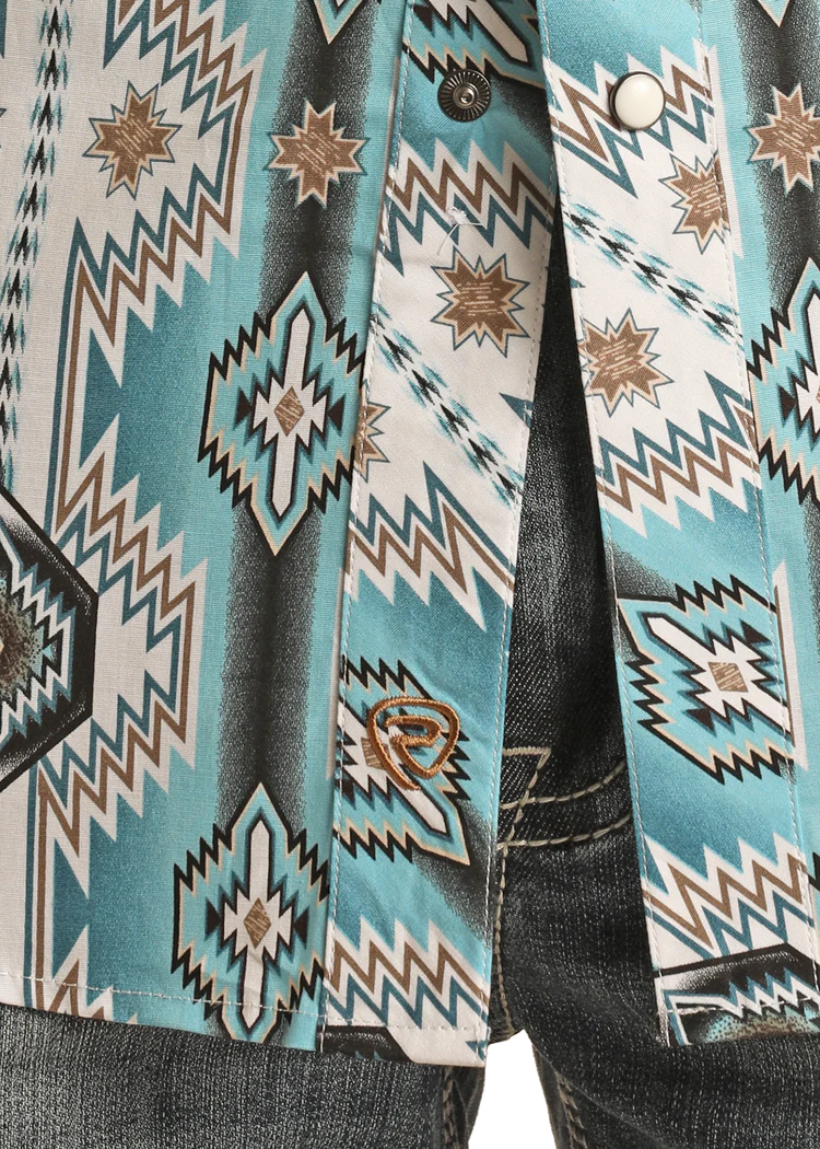 Rock & Roll Men's Aztec Long Sleeve Snap Shirt Turquoise BMB2S03358