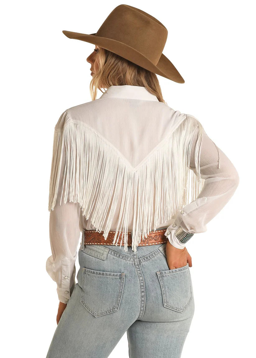 ROCK & ROLL WOMEN SHEER SHIRT WITH FRINGE OFF WHITE BWN2S02104