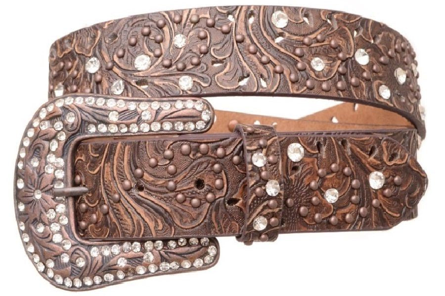 Cowboy City Women's Brown Floral Embossed Rhinestone Western Belt 6521