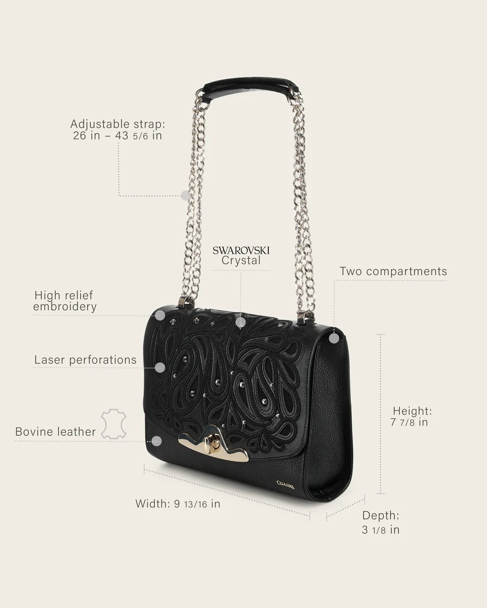 DU822 Cuadra Women’s Black Bovine Leather Shoulder Bag Clutch Style With Crystals