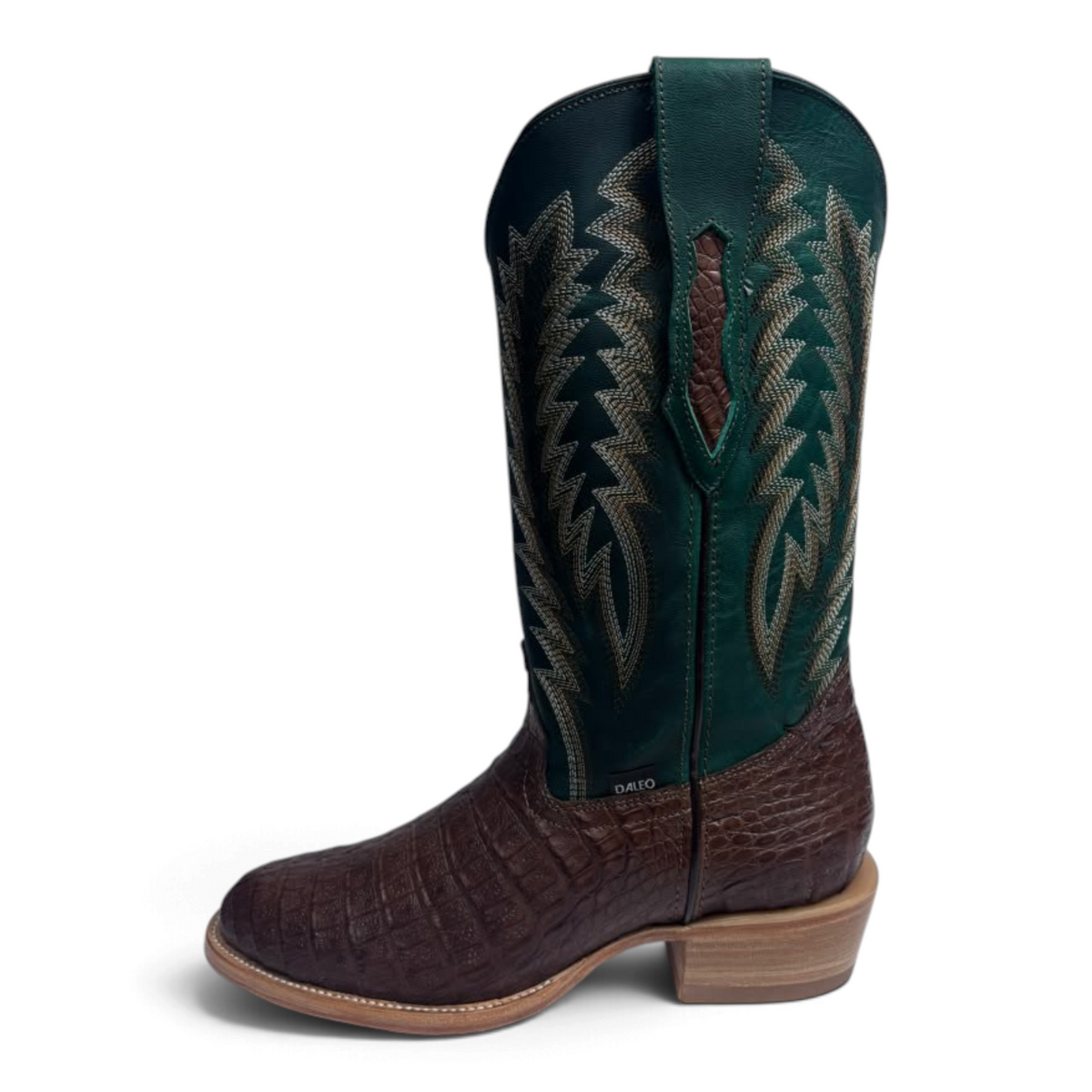 Cowboy City Western Wear Daleo brown caiman belly western boots with a green leather shaft and yellow stitching.