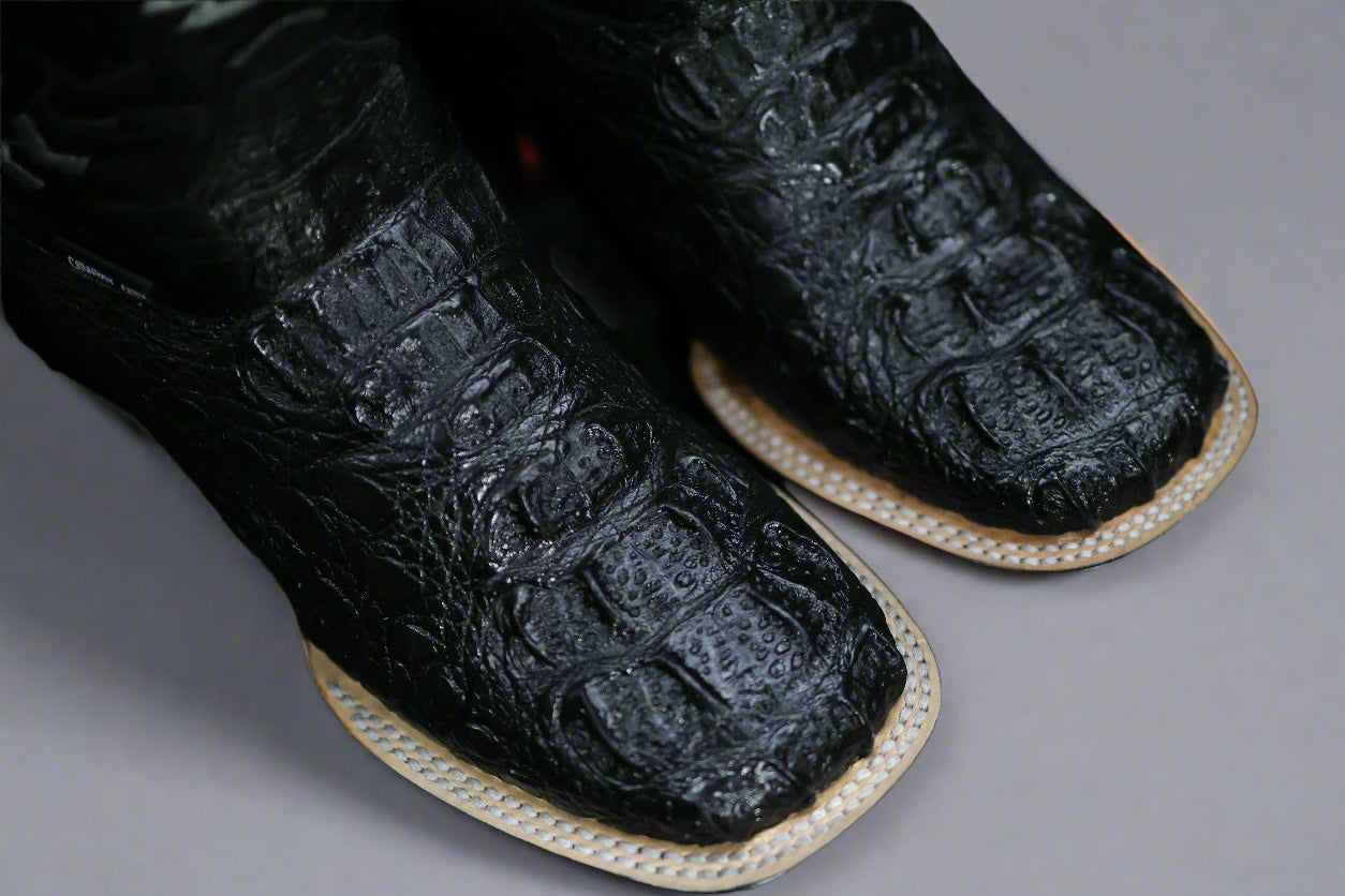 Men’s Square Toe Cowboy Boots – Black Caiman Print Leather – Handmade in Mexico