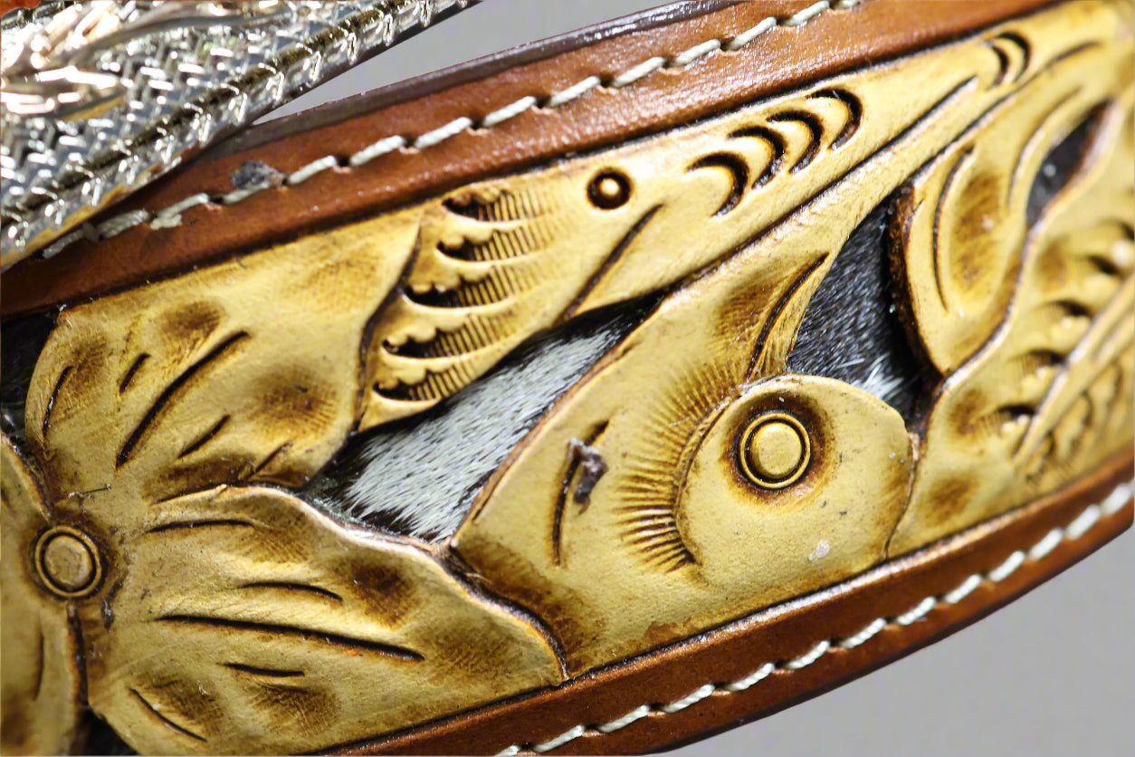Men’s Western Belt – Hand-Tooled Leather with Calf Hair Inlay & Floral Buckle (Sizes 32–46)