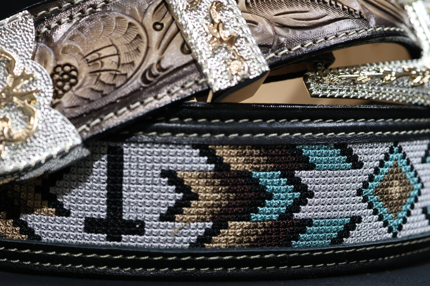 Hand-Tooled Artisanal Breaded Leather Belt – Black (1½" to 2")