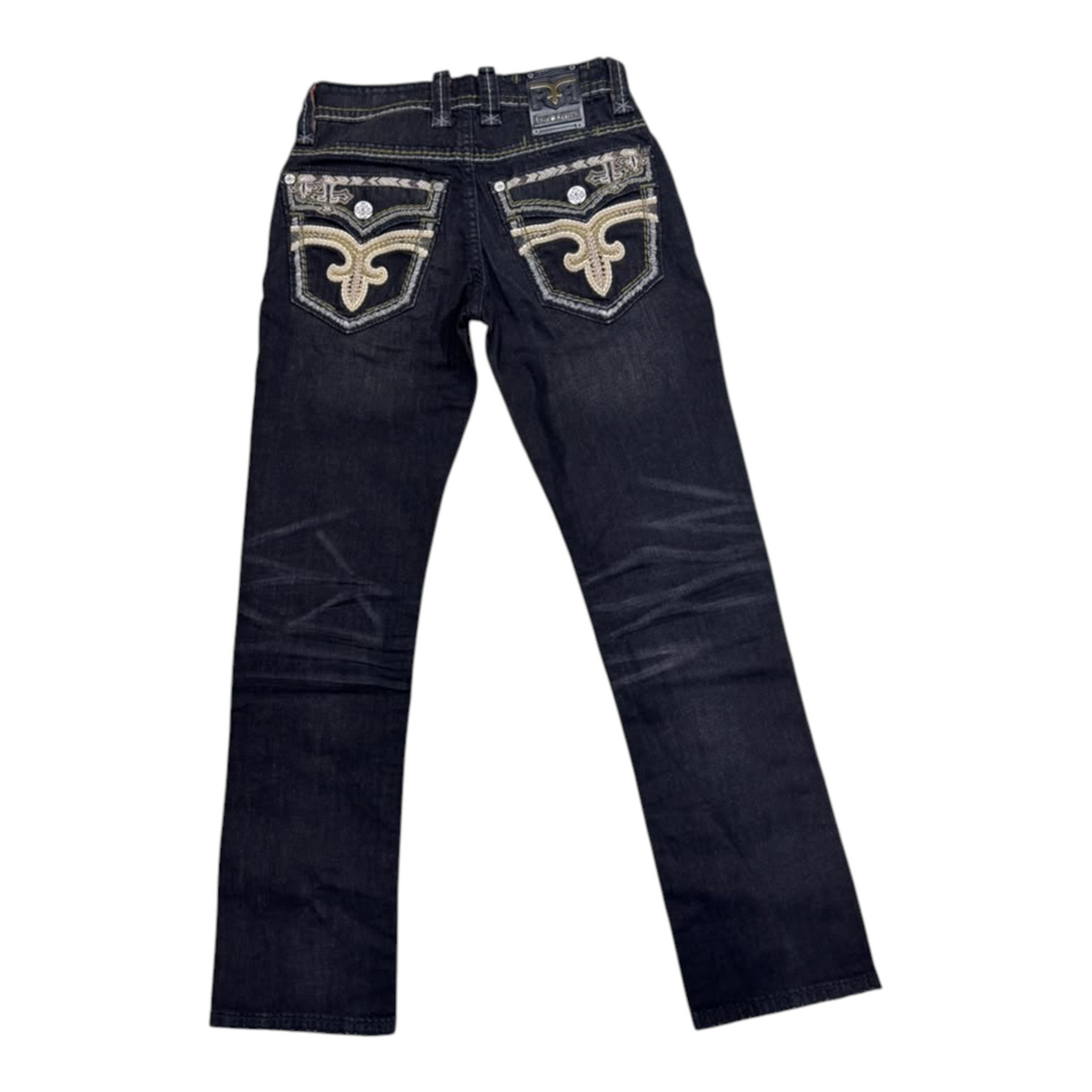 Cowboy City Western Wear Rock Revival Eban black straight fit jeans with embroidered back pockets and leather patch