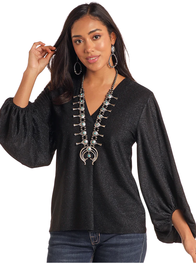 Panhandle Black Lurex Balloon Sleeve Top - Extended Sizes LW52T02902