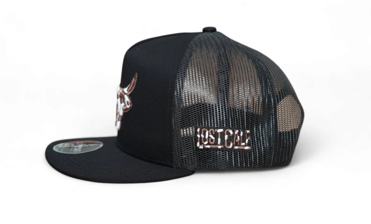 Lost Calf Cowhide Black Flat Bill Trucker Hat