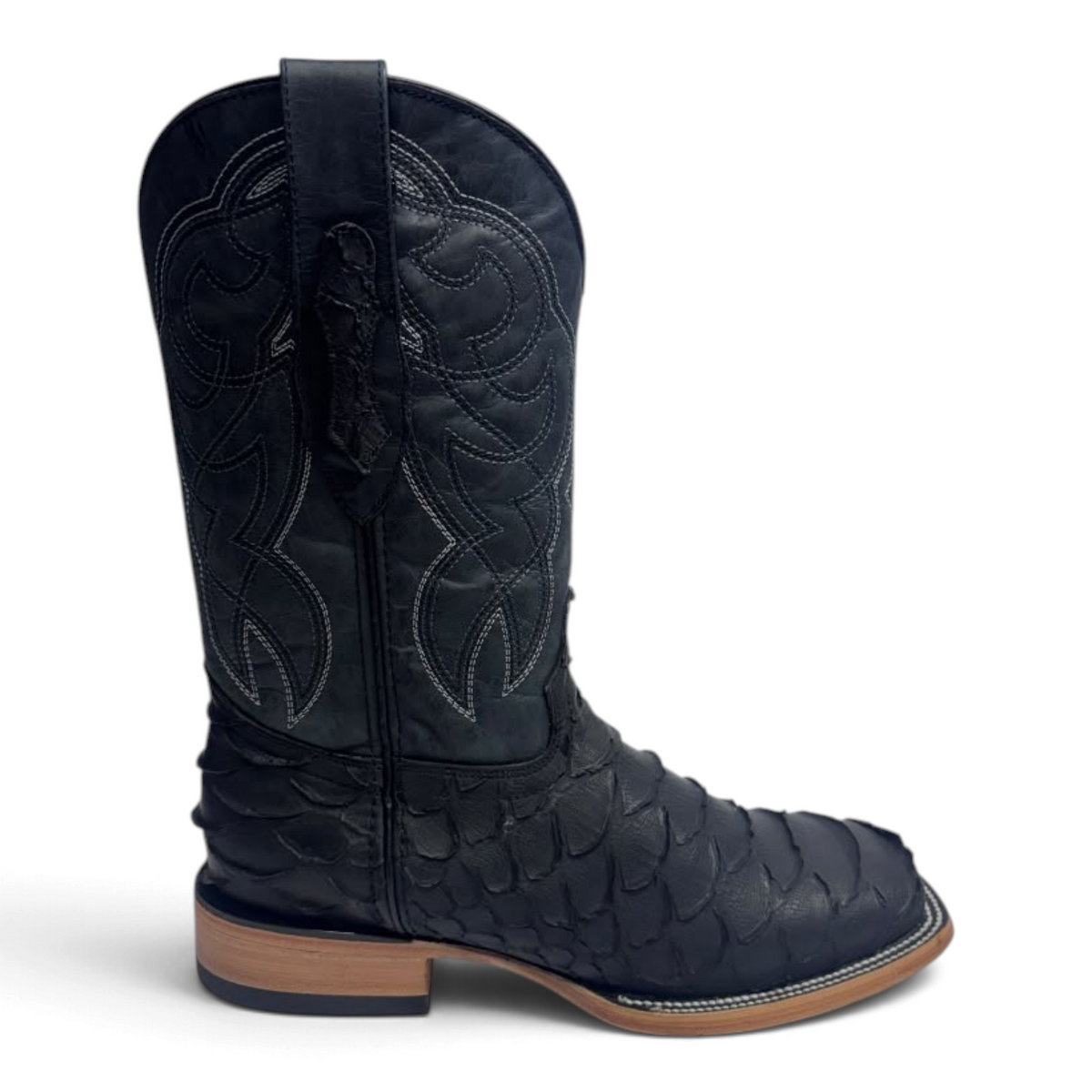 Cowboy City Western Wear black matte jumbo python-print leather cowboy boots with a square toe and stitched shaft.