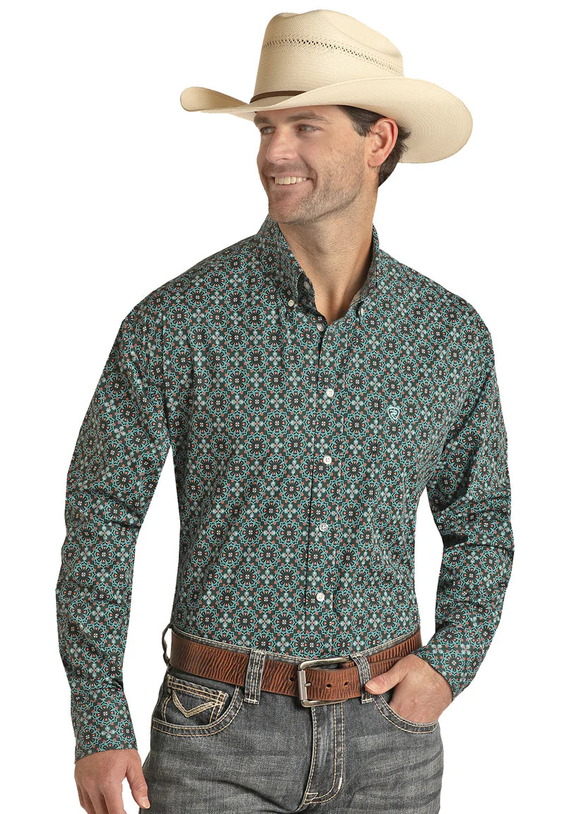 ROCK & ROLL DENIM MODERN FIT TEAL MEDALLION PRINT BUTTON DOWN SHIRT BMB2507652