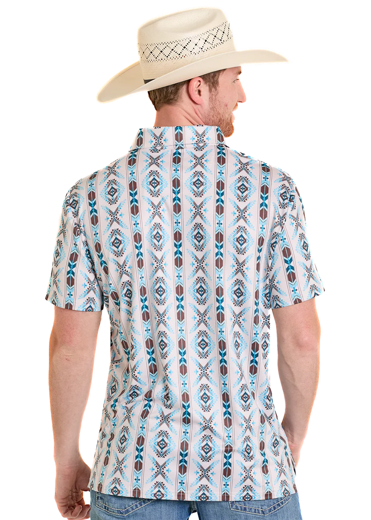 Rock & Roll Men's Denim Polo Light Southwestern Aztec Print BM51T08339