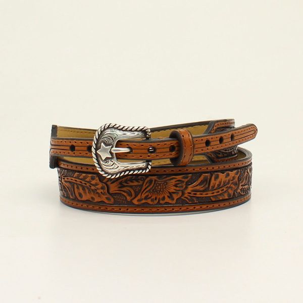 Twister Brown Floral Tooled Silver Buckle Leather Hatband 0204108
