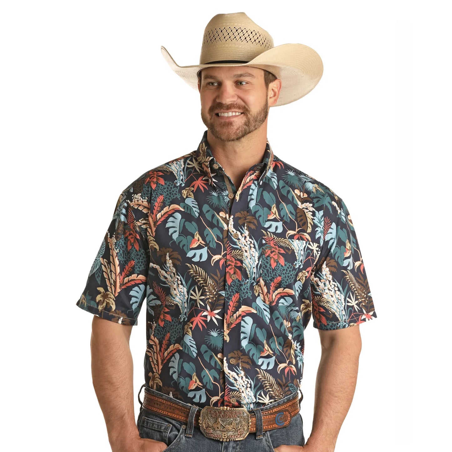 Panhandle Rough Stock Men's Navy Tropical Print Button Down Shirt RSMS1DRZDI
