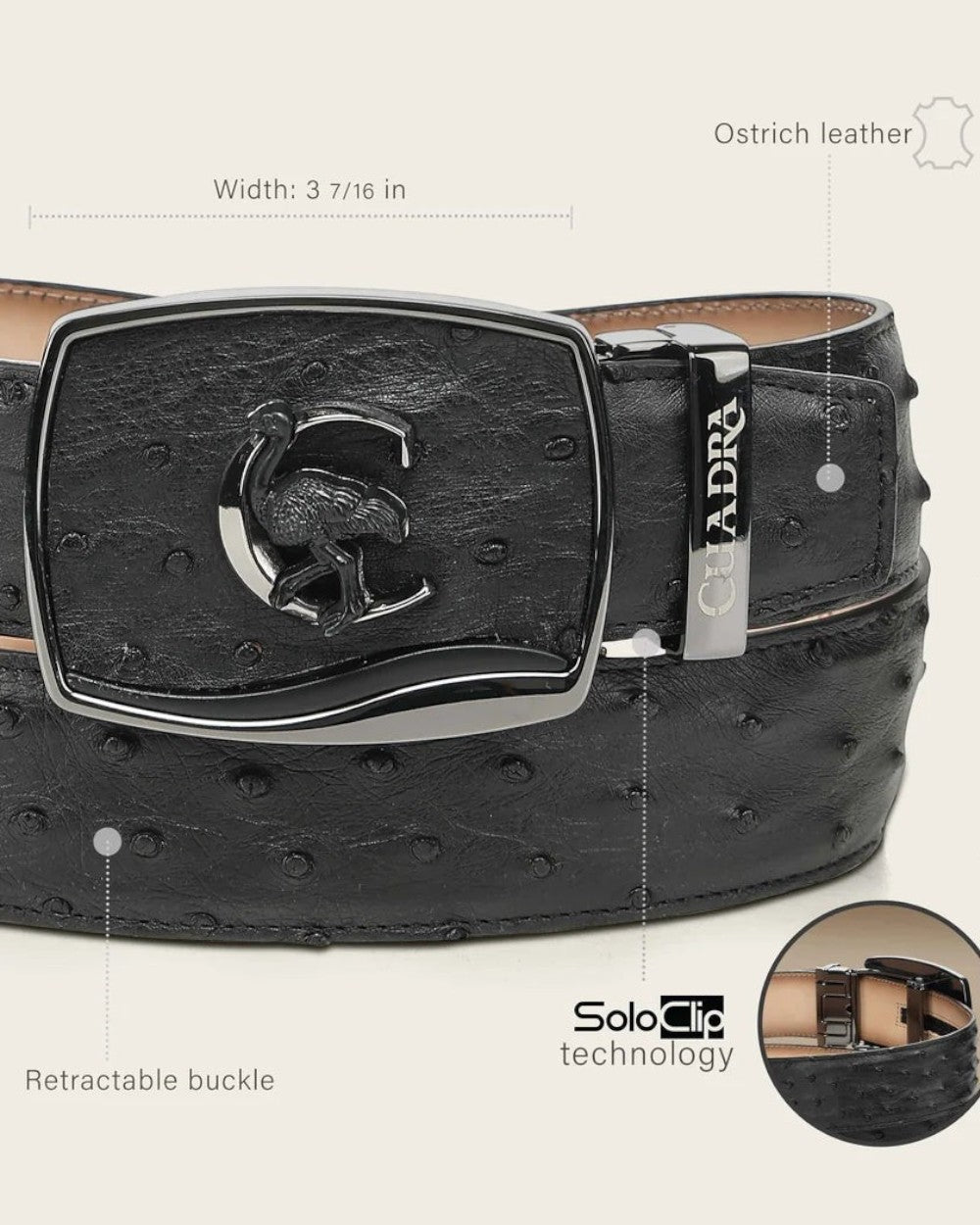 Cowboy City Western Wear black ostrich leather belt featuring a retractable buckle with Cuadra logo and SoloClip tech