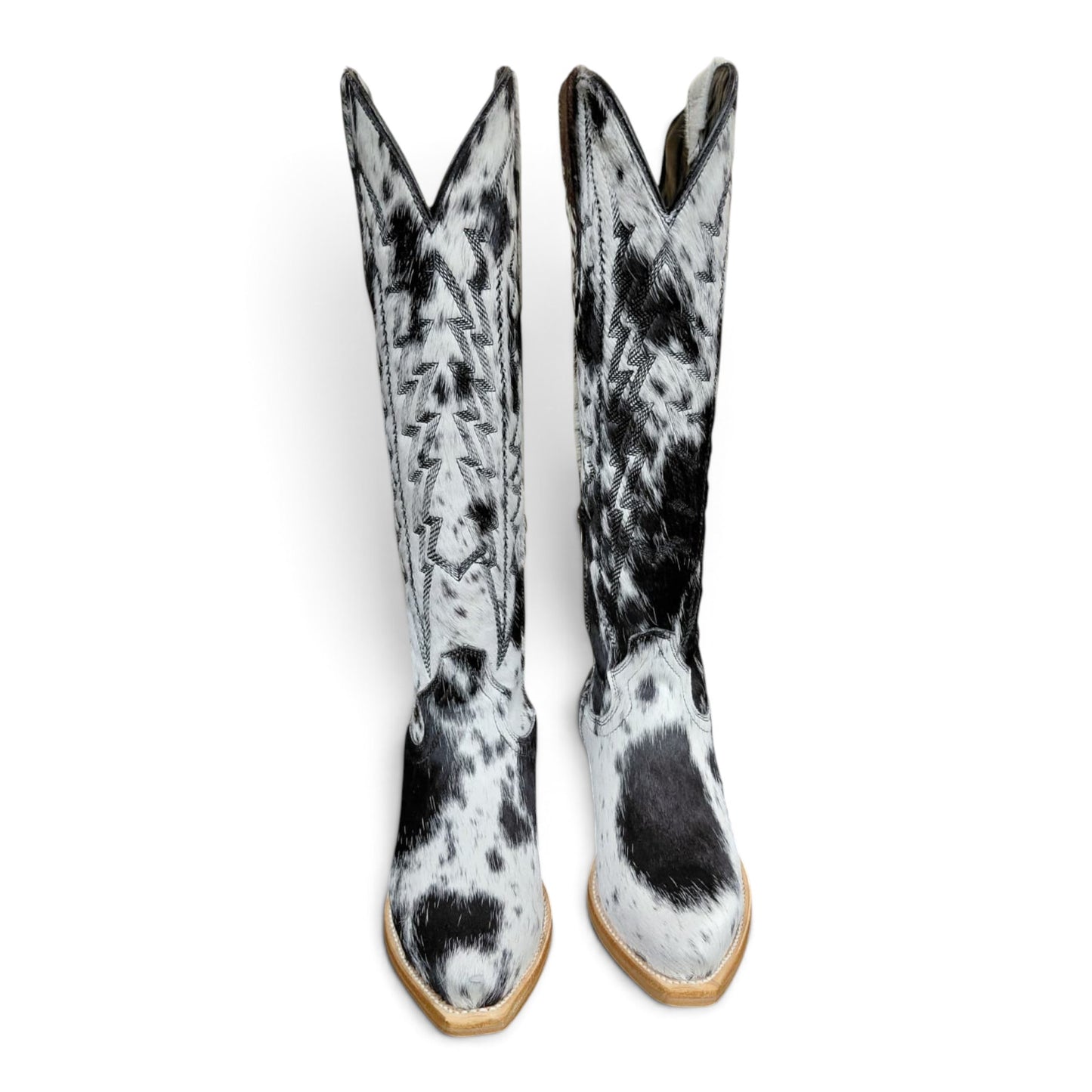 Cowboy City Western Wear tall cowhide snip toe cowgirl boots with black and white hair-on-hide pattern