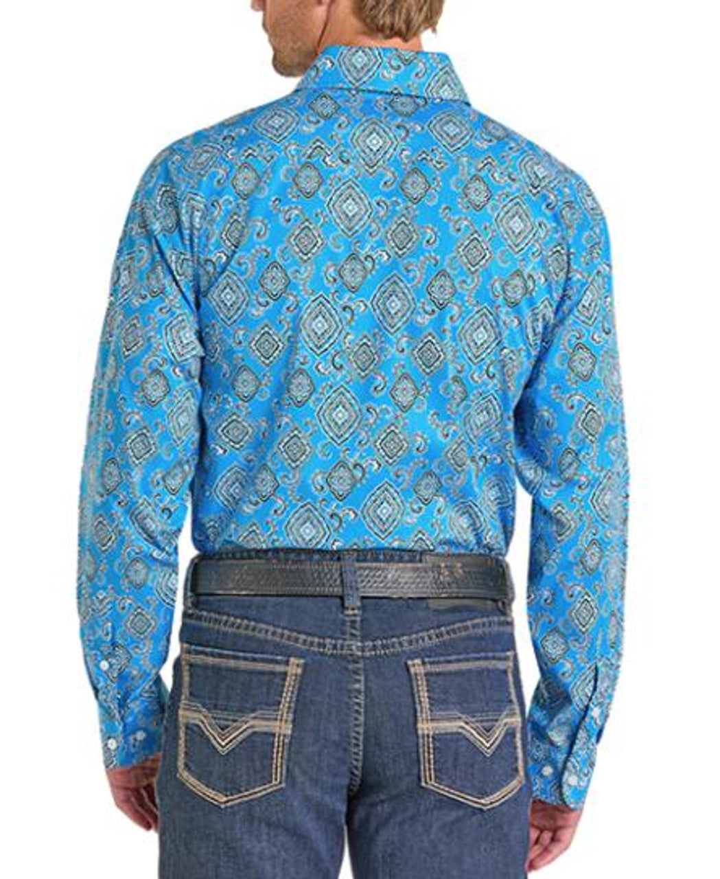 Rock & Roll Denim Men's L/S Turquoise Medallion Print Button Shirt BMB2S07154