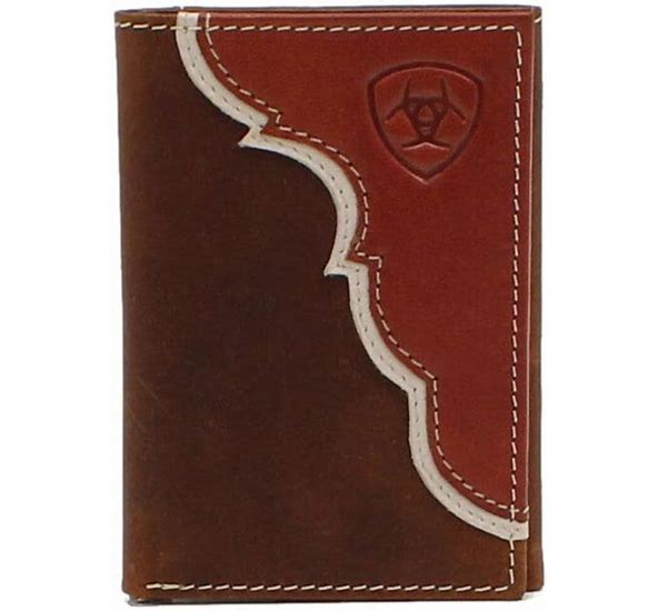 Ariat Men's Brown with Tan Overlay and Embossed Shield Logo Trifold Wallet A3547808