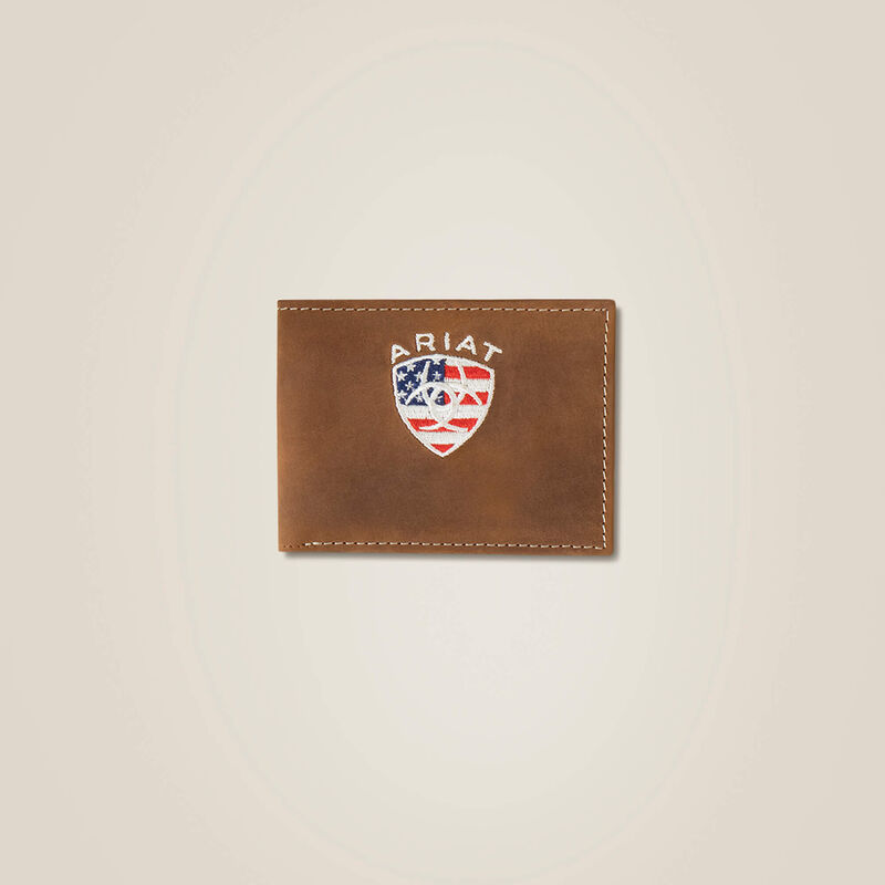 Ariat -Brown Leather & Flag Shield Bi Fold Wallet A35549217