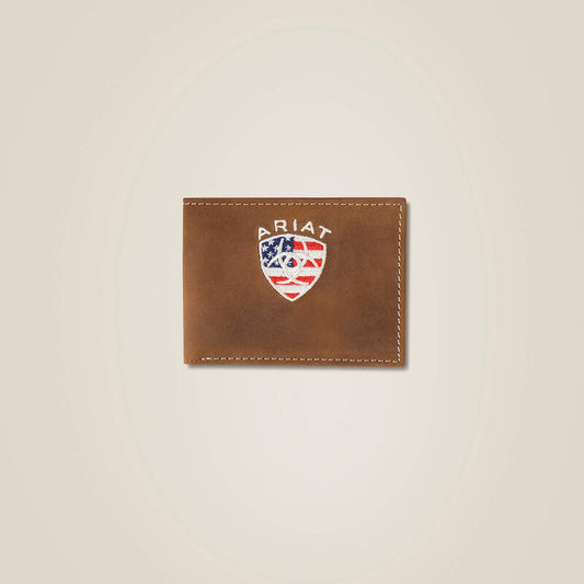 Ariat -Brown Leather & Flag Shield Bi Fold Wallet A35549217
