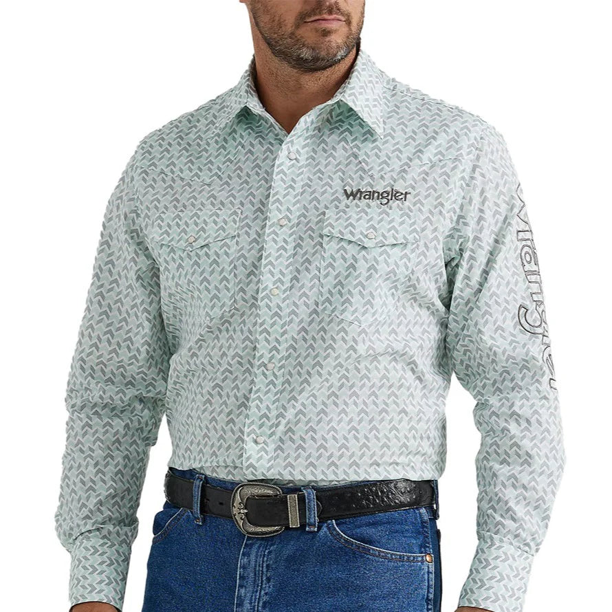 Wrangler Men's Logo Western Snap Shirt In Aqua Print 112346224