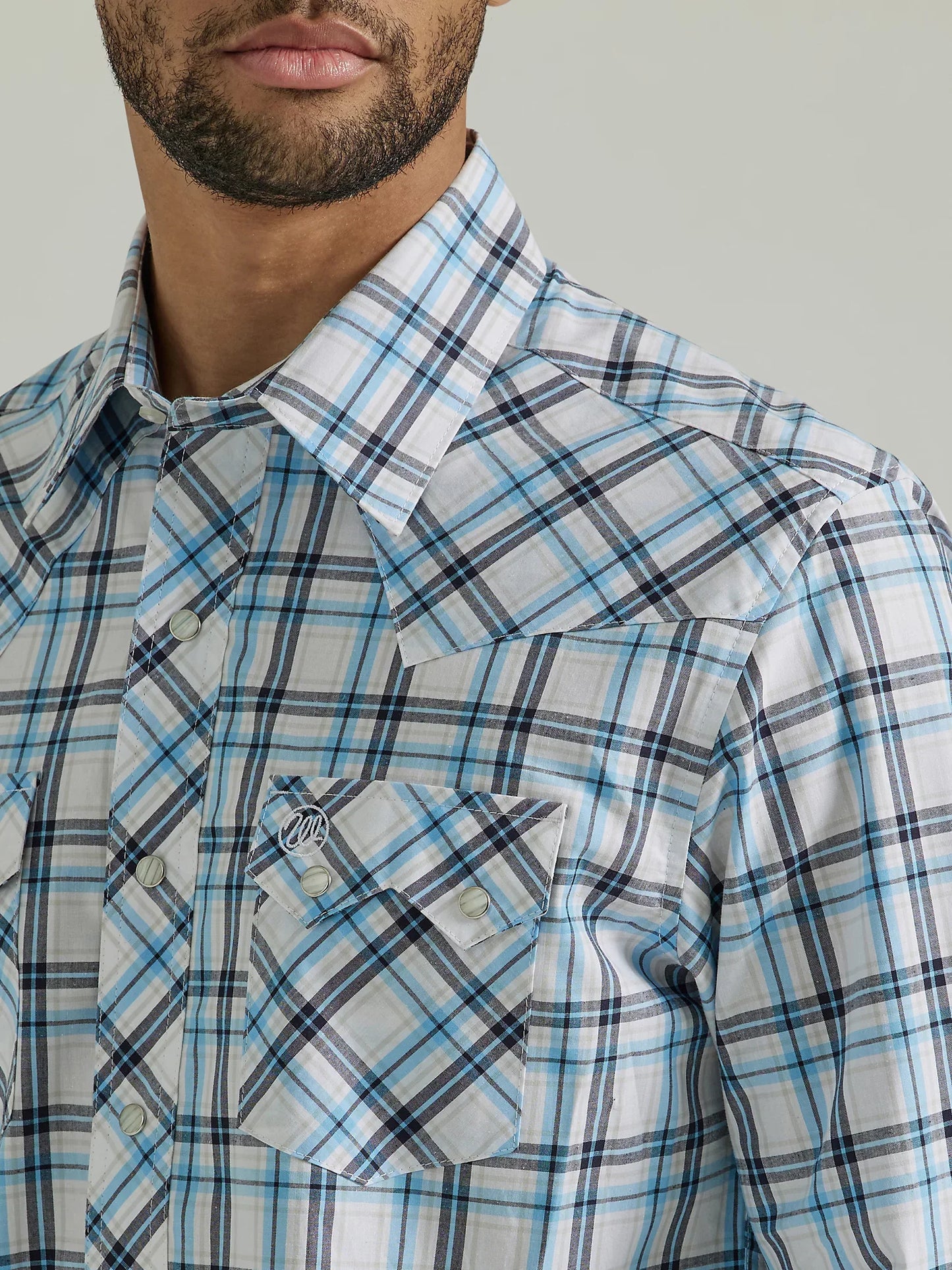Men's Wrangler Retro Blue/White Plaid Long Sleeve Snap Shirt 112347290