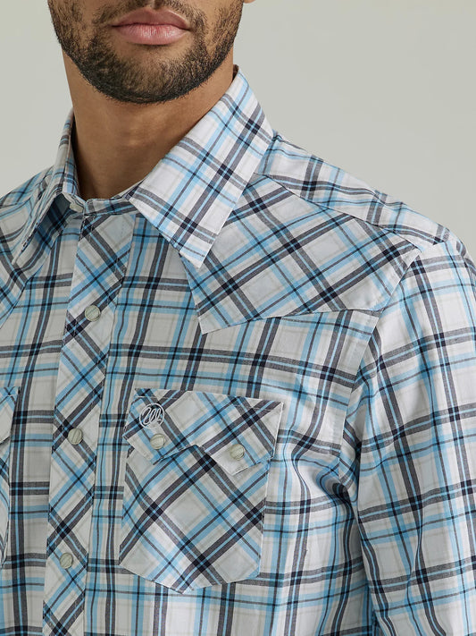 Men's Wrangler Retro Blue/White Plaid Long Sleeve Snap Shirt 112347290