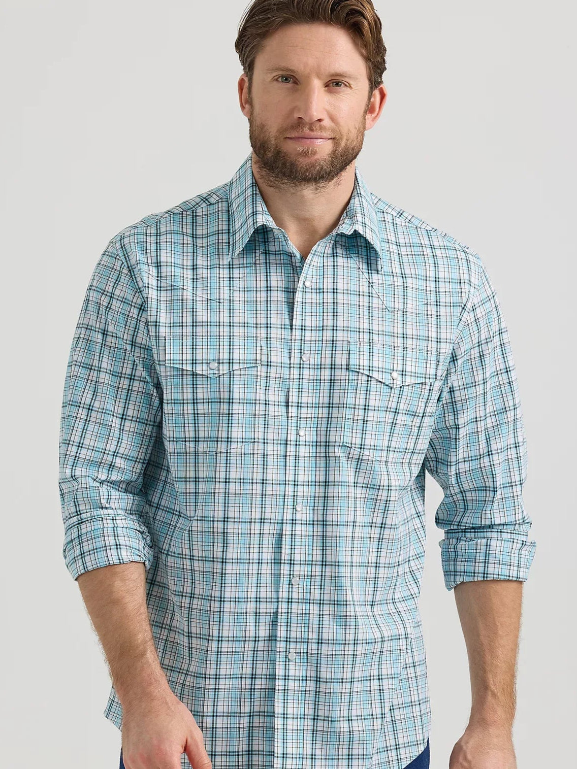 Men's Wrangler Wrinkle Resistant Blue/White Check Snap Shirt 112351599