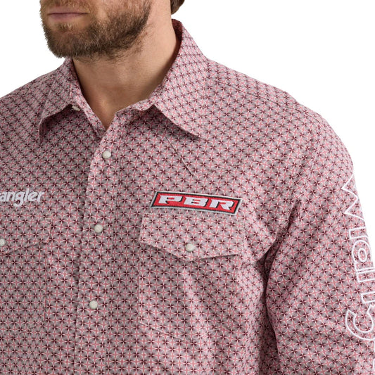 Wrangler Red Rodeo with Print Wrangler PBR Logo Men's Long Sleeve Collared Western Snap Shirt 112352655