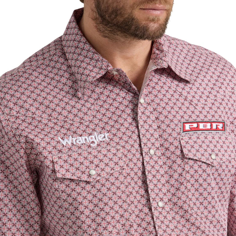 Wrangler Red Rodeo with Print Wrangler PBR Logo Men's Long Sleeve Collared Western Snap Shirt 112352655