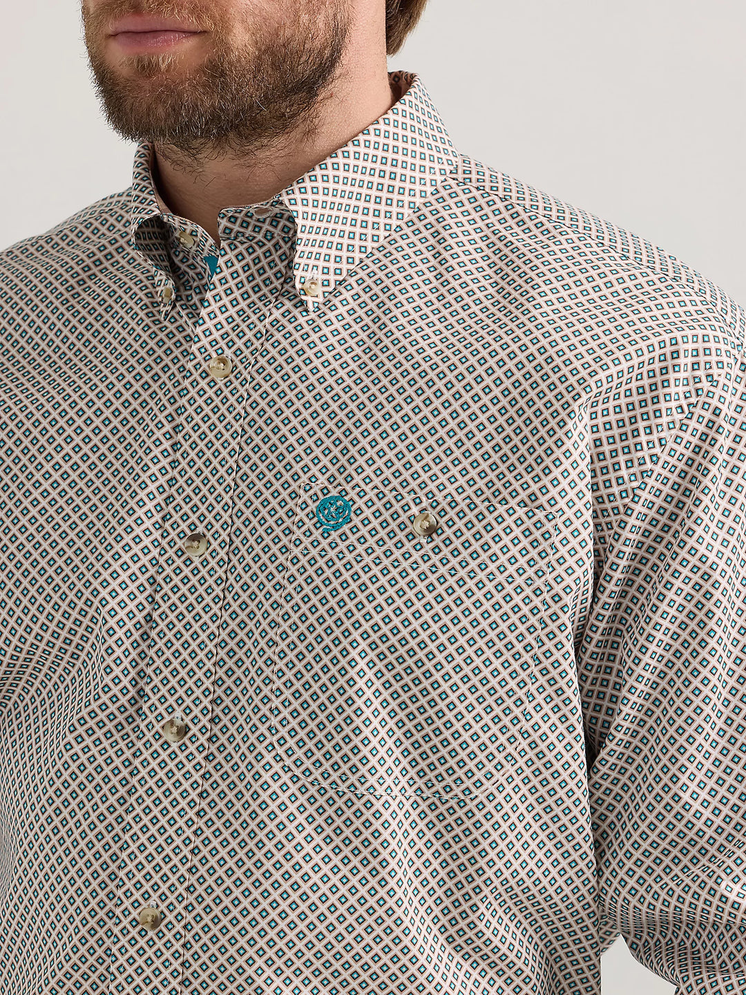 Wrangler George Strait Long Sleeve Button Down One Pocket Shirt in Tan Diamonds -112352714