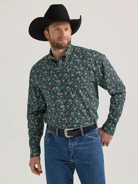 Men's Wrangler Goerge Strait Black/Green Paisley Print Long Sleeve Button Down Shirt 112352745