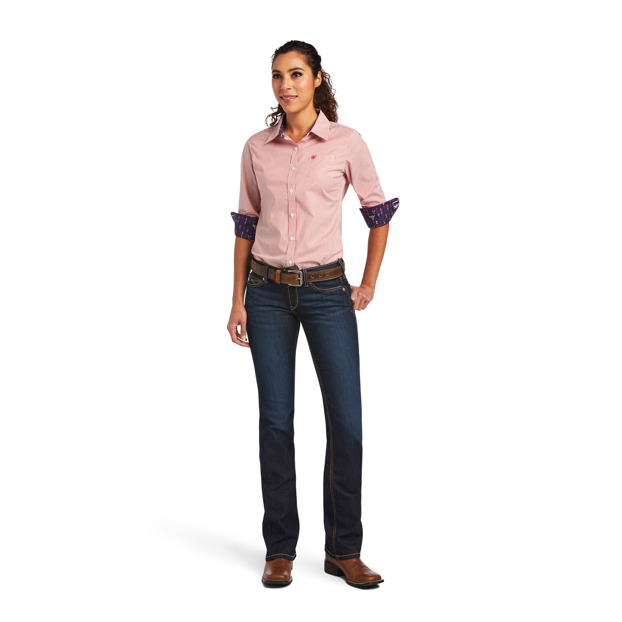 Ariat Woman REAL Kirby Stretch LS Shirt Poppy Red/ White Stripe 10040580