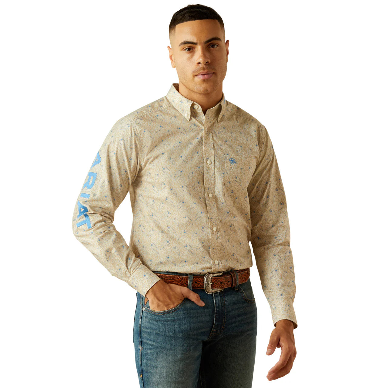 Ariat Mens Fitted Team Alder FTD LS Shrt Khaki/Blue 10058979