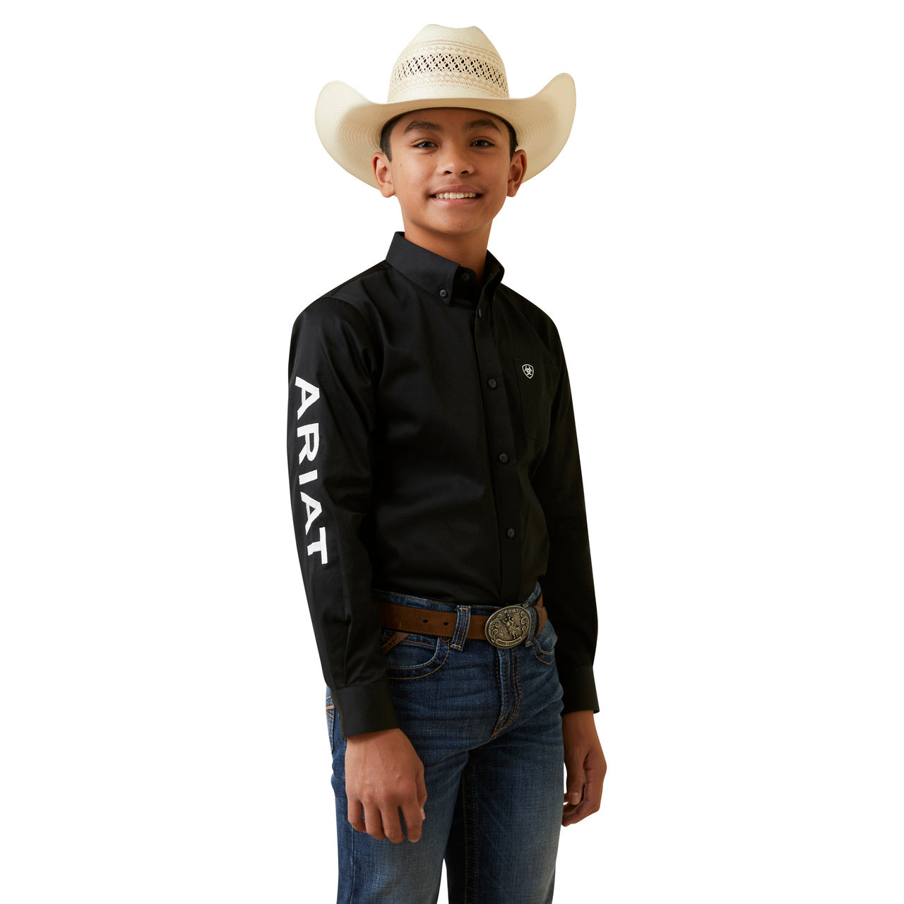 Ariat Boys Team Logo Twill Long Sleeve Button Down Shirt - Black 10045426