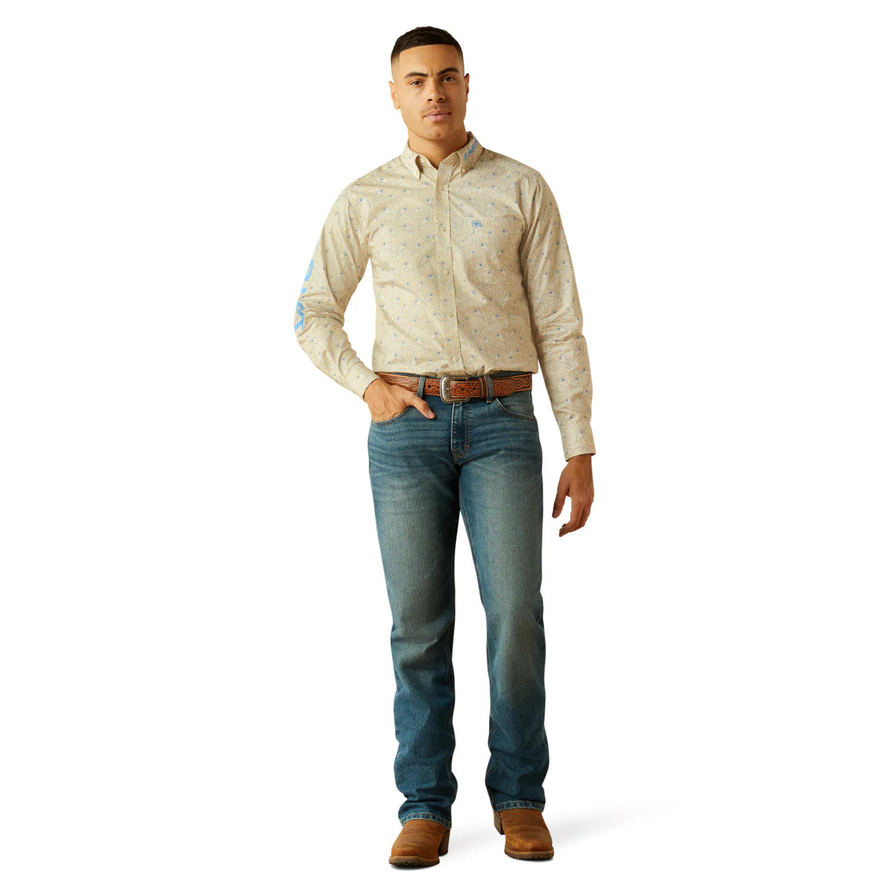 Ariat Mens Fitted Team Alder FTD LS Shrt Khaki/Blue 10058979