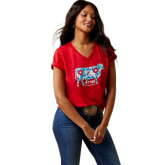 Ariat Ladies Flower Cow Tee – Equestrian Red 10045086