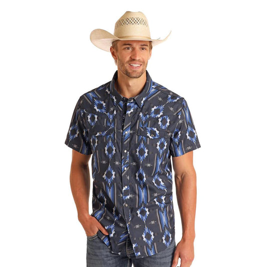 Rock & Roll Denim Mens Tek Aztec Print Short Sleeve Navy BMN3S05949