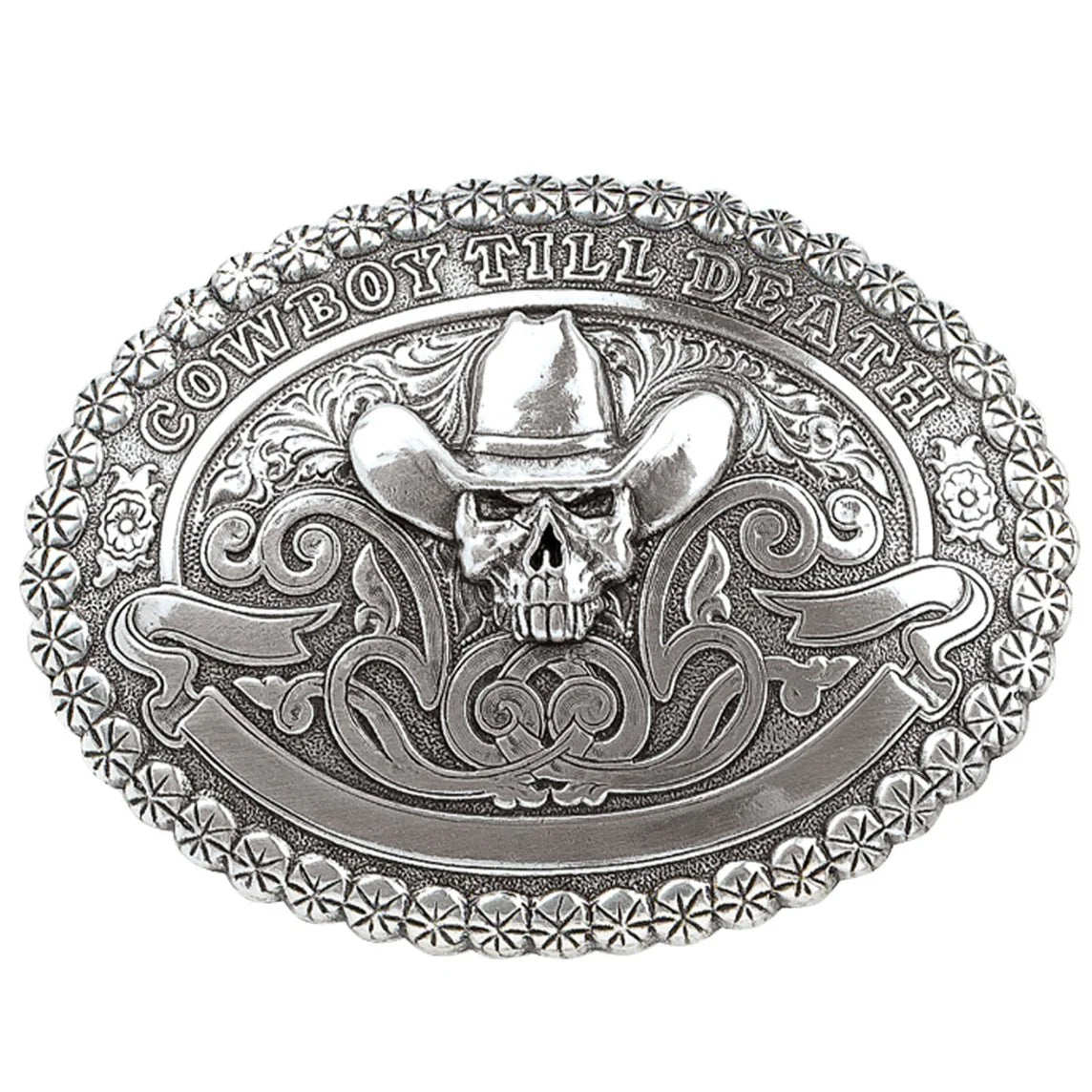 Crumrine Men's Skull Cowboy Buckle with 'Cowboy Till Death' Text 38016
