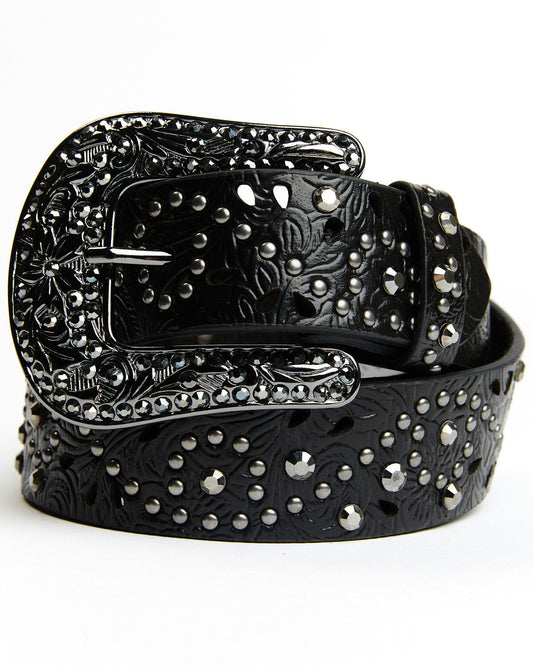 Cowboy City Women's Black Floral Embossed Rhinestone Western Belt 6521
