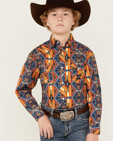 Rock & Roll Denim Boy's LS Aztec Stripe Dale Snap Tan RRBSOSR096
