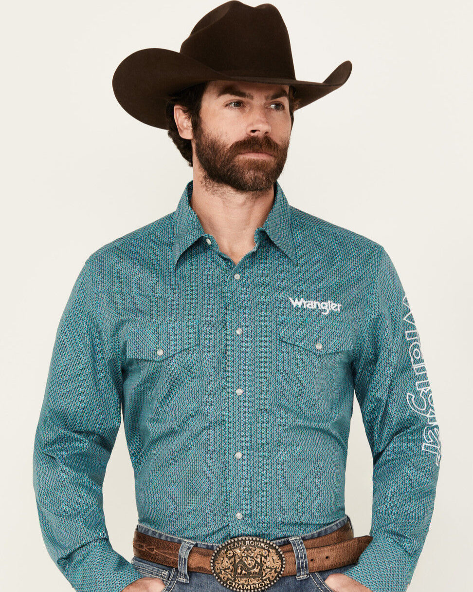 Wrangler Men's Logo Geo Print Long Sleeve Snap Western Shirt 112352384