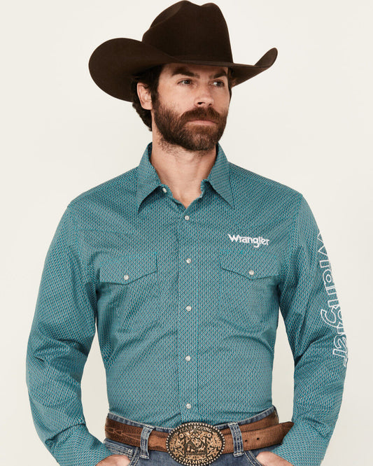 Wrangler Men's Logo Geo Print Long Sleeve Snap Western Shirt 112352384