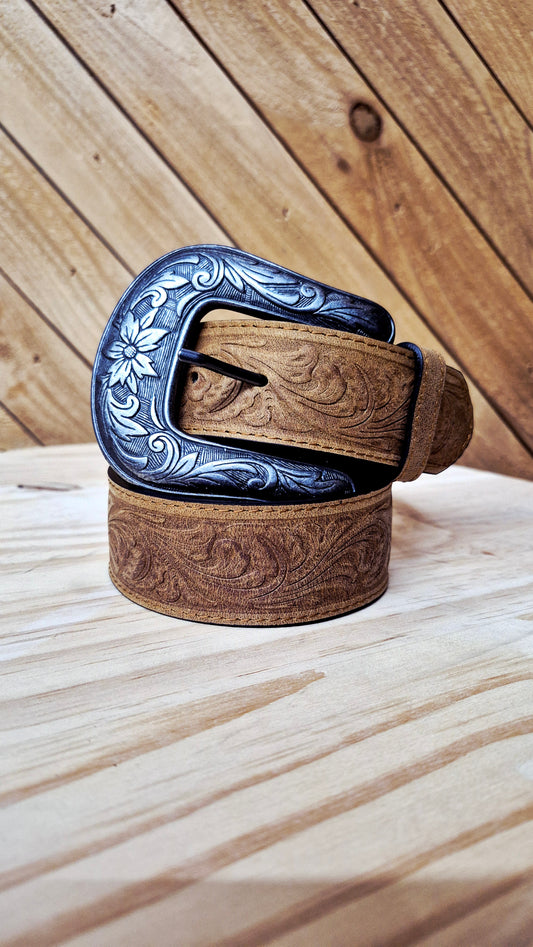 Cowboy City Men's Embossed Leather Western Belt – Light Brown – 65758 – 1 1/2"