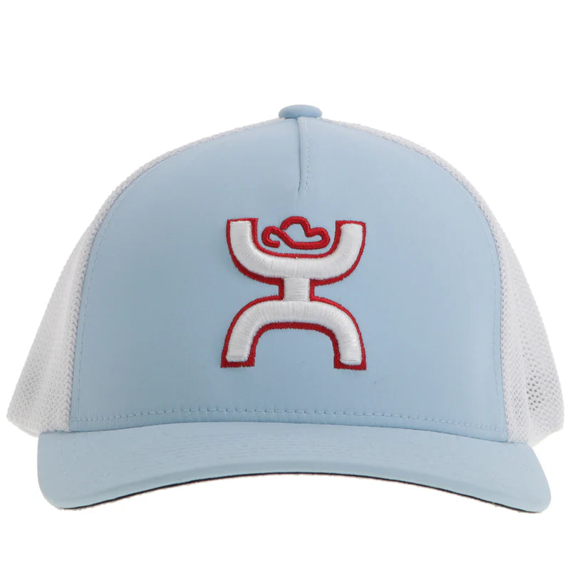 2412BLWH-01 "Coach" FlexFit Hat Light Blue/White w/Red & White Logo S/M